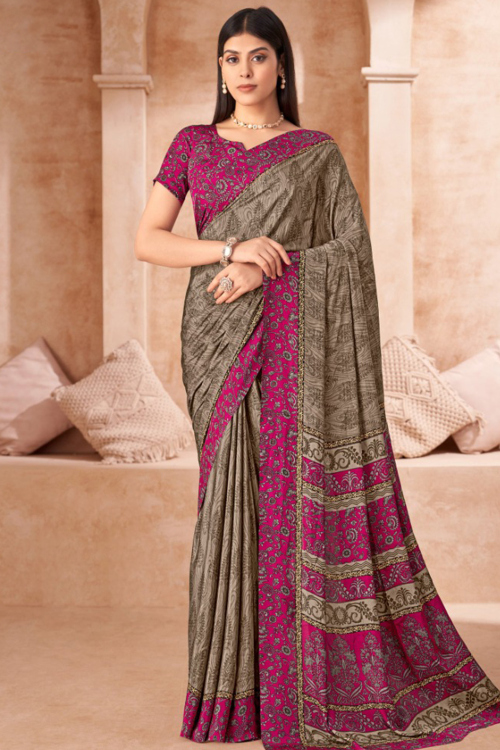 Grey Beige Printed Crepe Casual Wear Saree 