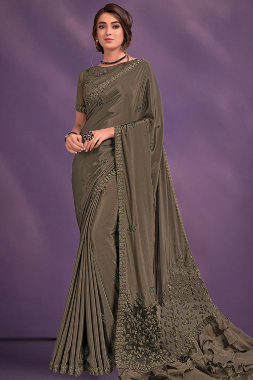 Grey Beige Satin Dori Embroidered Light Weight Saree