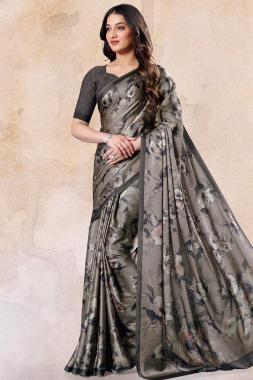 Grey Beige Satin Saree With Printed Work For Casual Wear