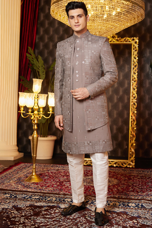 Grey Beige Silk Blend Embroidered Jacket Style Men's Sherwani