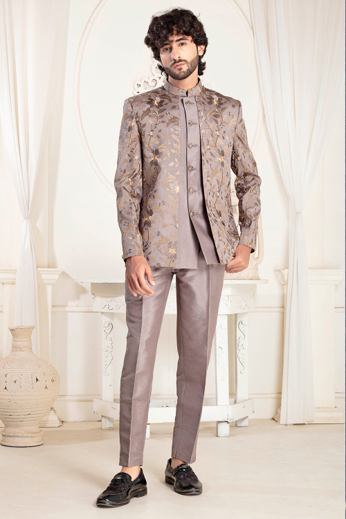 Grey Beige Silk Blend Men's Sherwani For Wedding