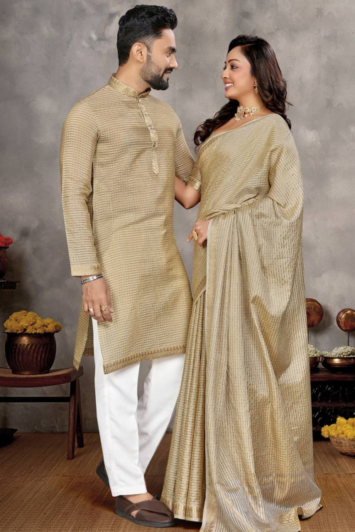 Grey Beige Silk Blend Woven Zari Couple's Outfit