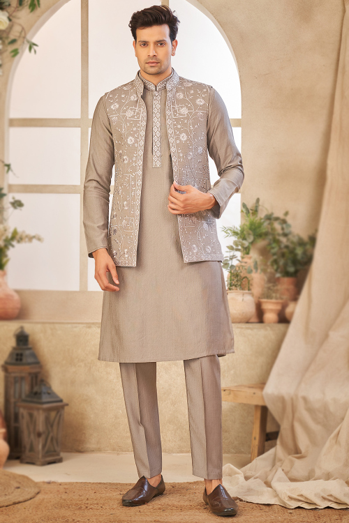 Grey Beige Silk Jacket Style Men's Embroidered Kurta Pajama 