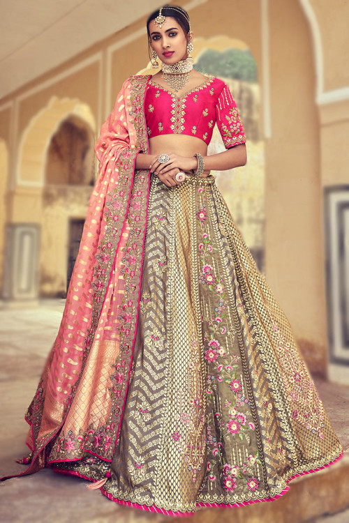 Grey Beige Silk Lehenga for Sangeet with Patch embroidery
