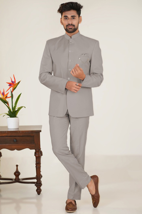 Grey Beige Silk Plain Jodhpuri Style Men's Coat Pant