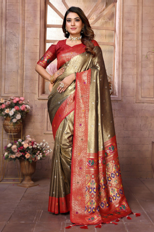 Elegant Grey Beige Silk Woven Zari Broad Border Saree