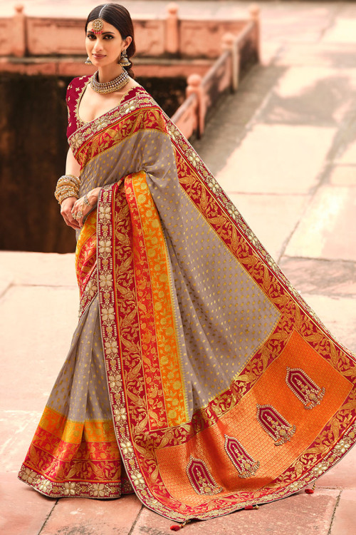 Grey Beige Silk Woven Zari Saree With Embroidered Lace