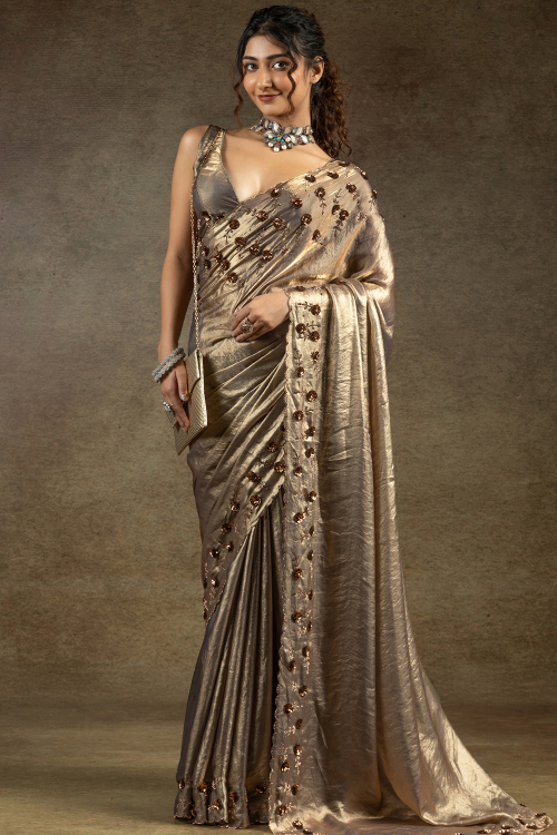 Grey Beige Tissue Silk Saree With Sequins Work For Diwali