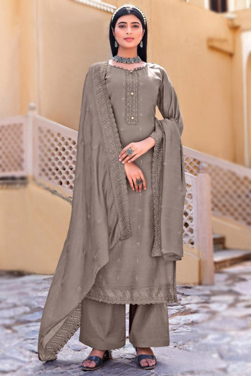 Grey Beige Viscose Embroidered Straight Cut Suit