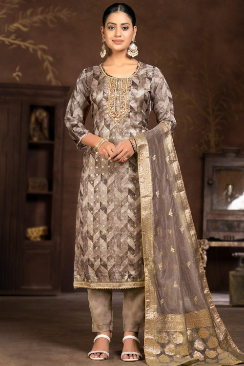 Grey Beige Weaved Organza Suit With Straight Pants 