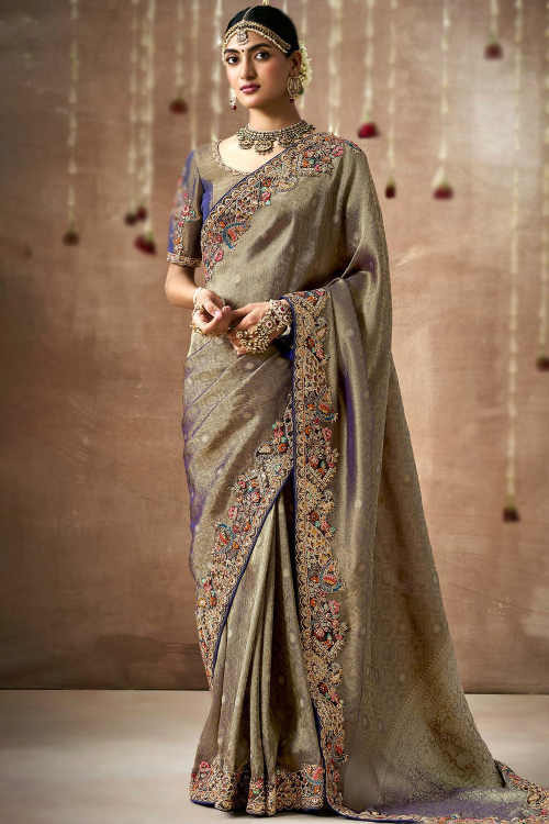 Grey Beige Weaved Zari Organza Traditional Saree For Sangeet