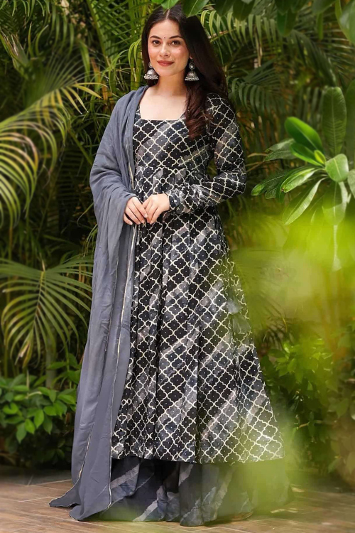 Grey Cotton Printed Anarkali Palazzo Suit 
