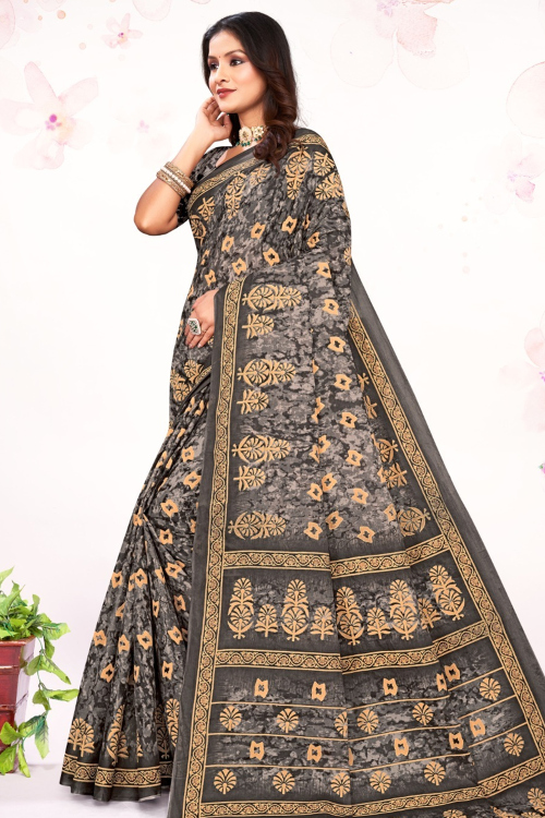 Grey Cotton Printed Casual Wear Saree