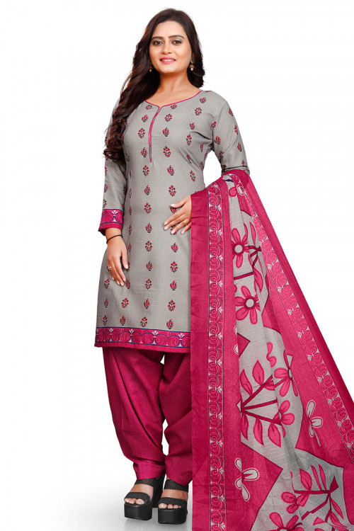 Grey Cotton Printed Casual Wear Straight Cut Patiala Suit 