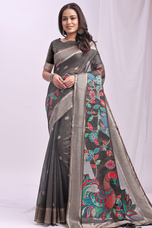 Grey Cotton Saree With Weaved Work For Festival Wear