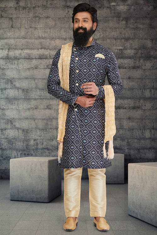 Grey Cotton Silk Bandhej Print Men's Sherwani 