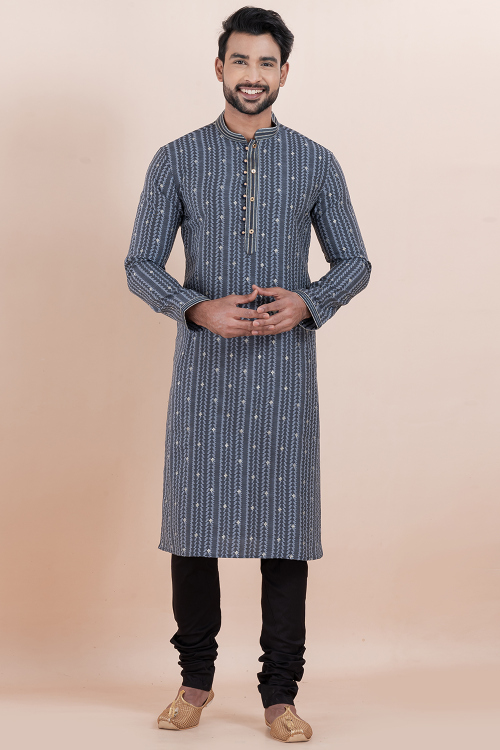 Grey Cotton Silk Men's Kurta Churidar With Zari Work