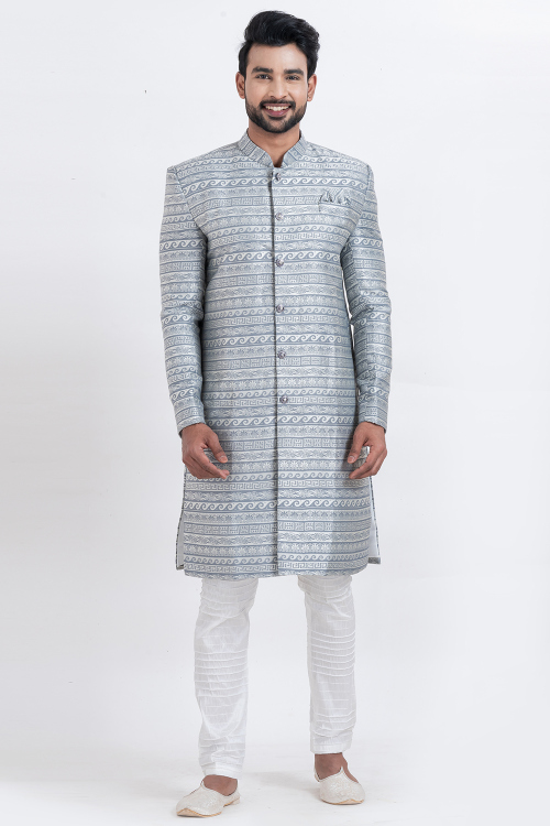 Grey Cotton Silk Men's Sherwani with Woven Zari Work for Sangeet 