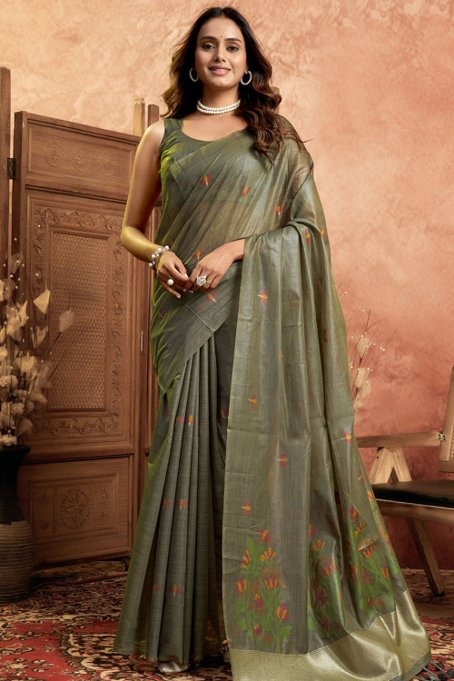 Grey Cotton Silk Saree With Weaved Work For Casual Wear