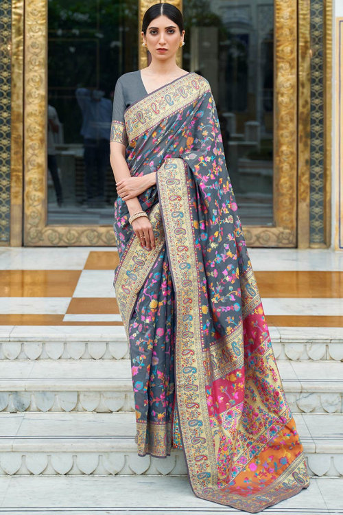 Grey Cotton Silk Woven Indian Saree