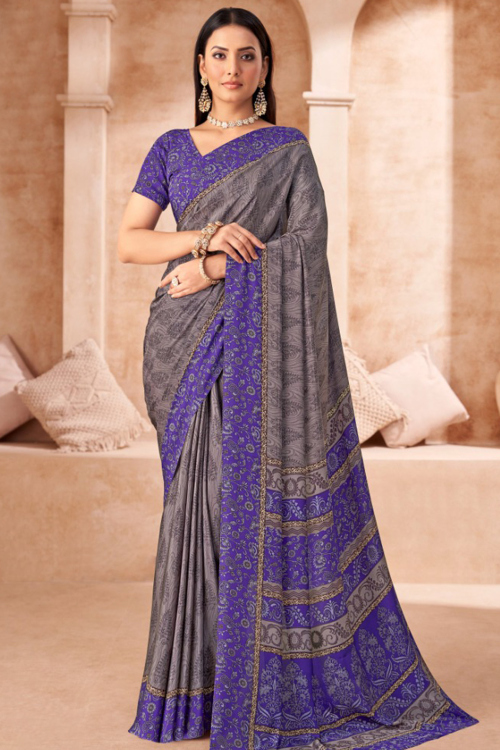Grey Crepe Printed Casual Wear Saree 