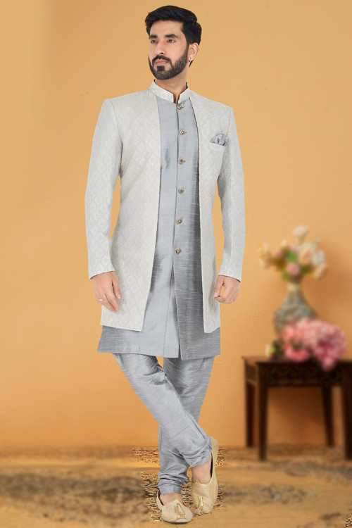 Grey Dupion Silk Resham Thread Embroidered Men Sherwani
