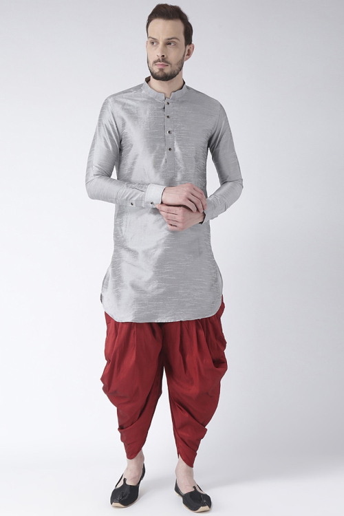 Grey Dupion Silk Straight Cut Men's Dhoti Kurta 