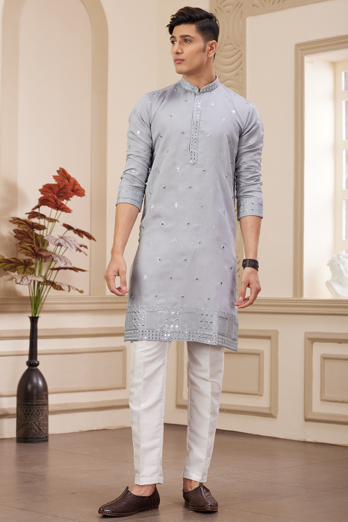 Grey Embroidered Silk Blend Men's Kurta Pajama For Festival 