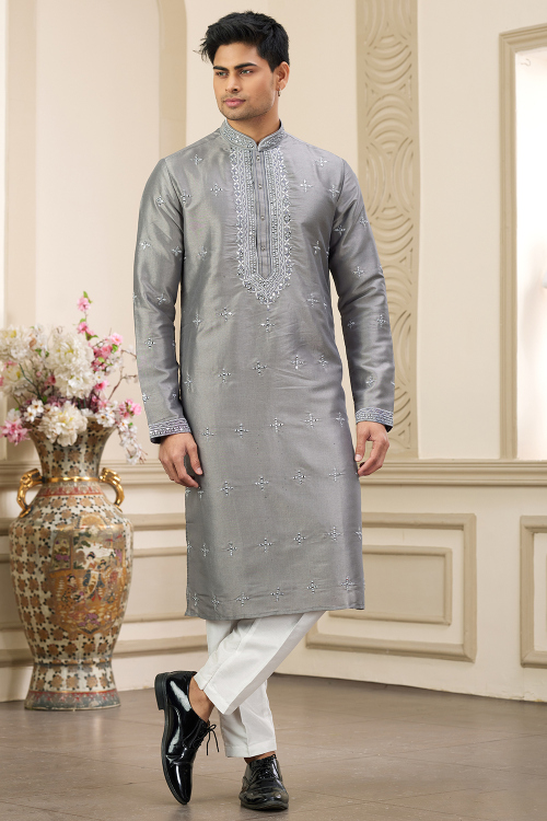 Grey Embroidered Silk Blend Men's Kurta Pajama For Festival 