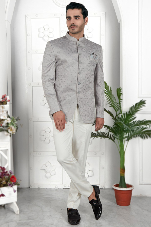 Grey Embroidered Silk Men's Jodhpuri Coat Pant