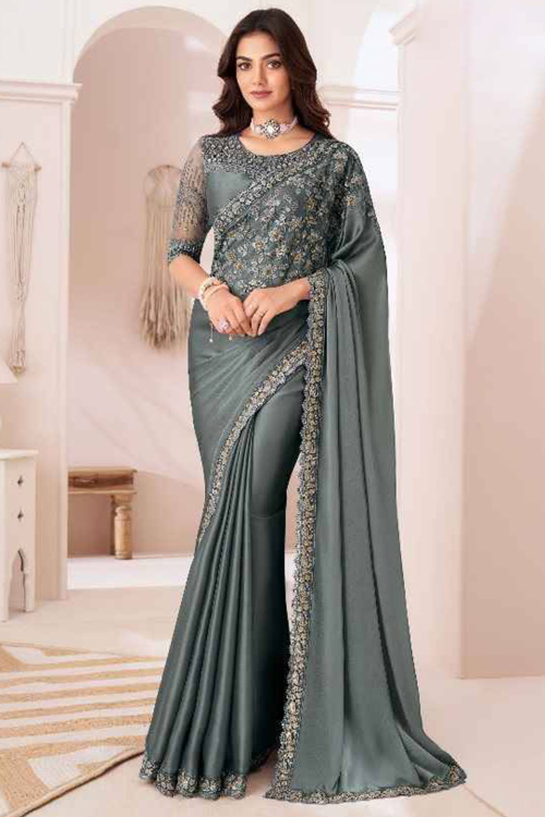 Grey Georgette Resham Embroidered Light Weight Saree