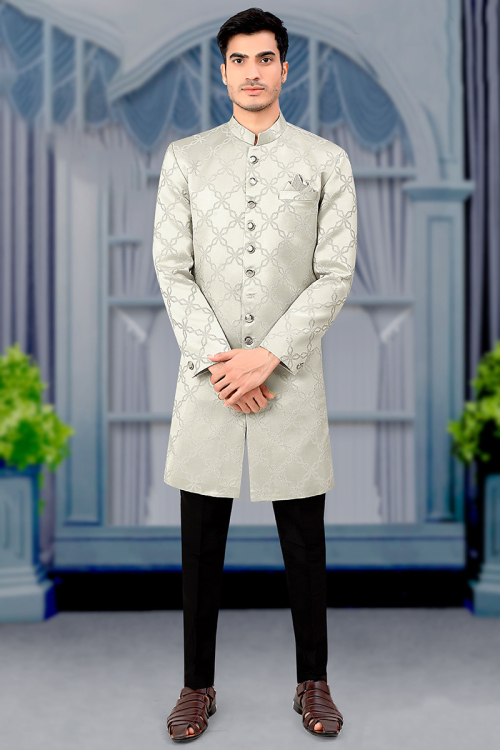 Grey Jacquard Woven Men Sherwani