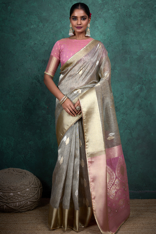Grey Linen Saree With Woven Zari Work For Festival