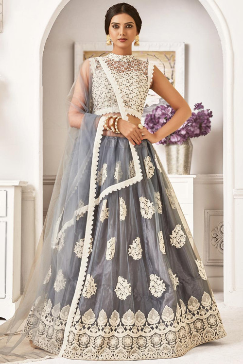 Grey Net Embroidered Indian Party Wear Lehenga for Eid