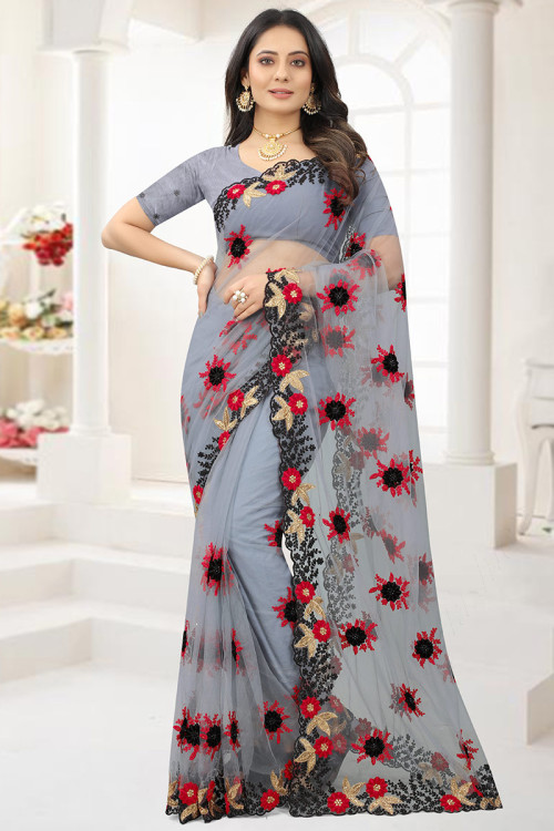 Party Wear Zari Embroidered Grey Saree in Net