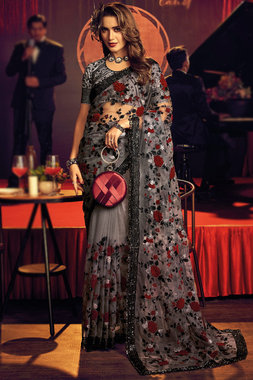 Net Saree in Grey colour with Sequins Embroidery for Party 