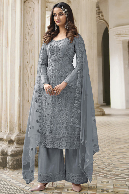 Grey Party Wear Dori Embroidered Trouser Suit in Net
