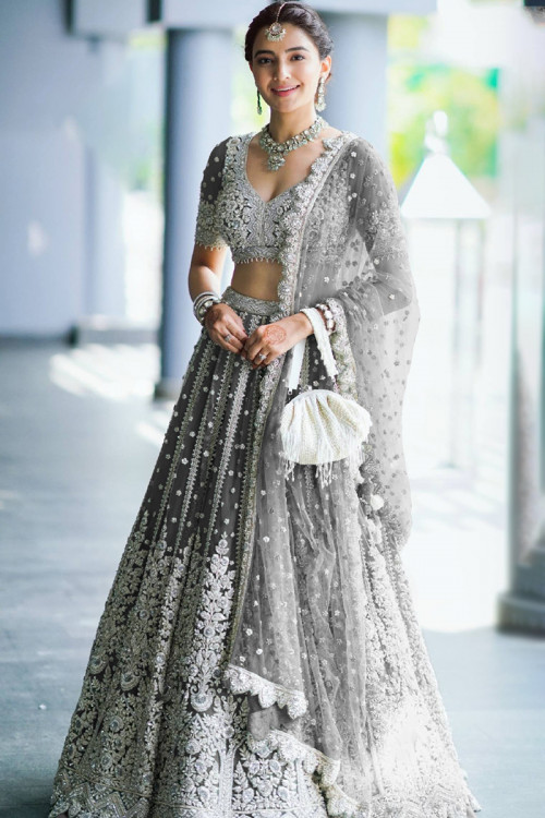 Grey Net Embroidered Wedding Wear Lehenga 