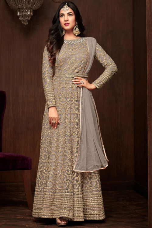 Grey Net Indian Wear Floor Length Soft Net Anarkali Suit for Eid