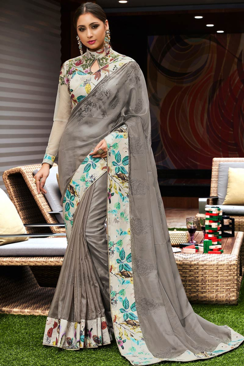Grey Net Indian Saree With Net Blouse