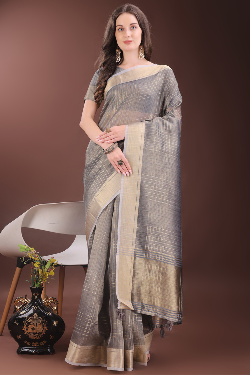 Grey Organza Saree With Woven Zari Work For Festival