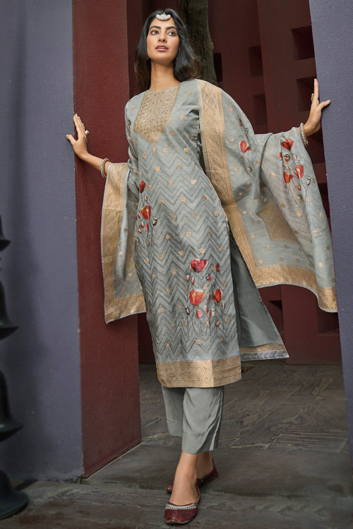 Grey Printed Chanderi Suit With Straight Pants