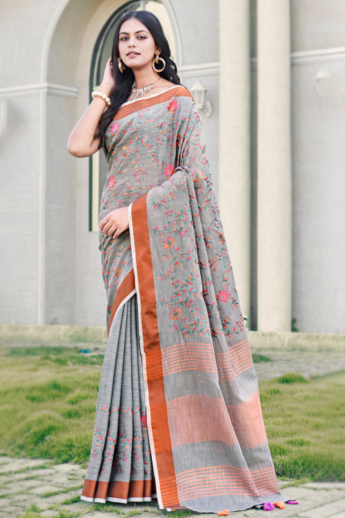 Grey Resham Embroidered Linen Light Weight Saree