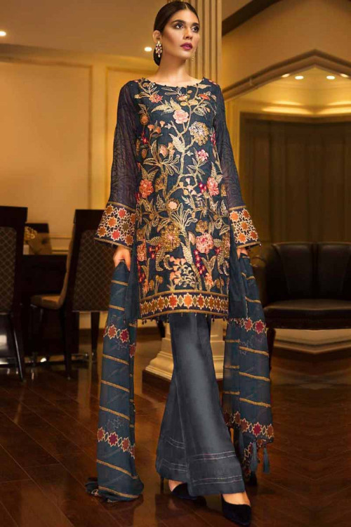 Grey Resham Embroidered Straight Pant Suit