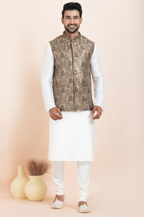 Grey Silk Blend Weave Zari Waistcoat For Men