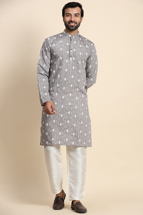 Grey Silk Embroidered Straight Cut Men Kurta Pajama