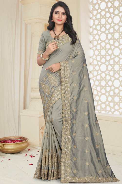 Grey Silk Indian Saree With Silk Blouse
