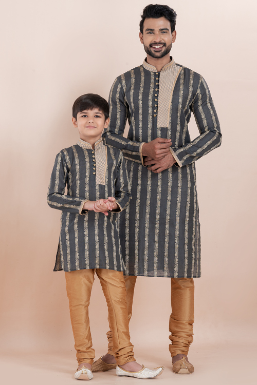 Grey Silk Kurta Pajama Combo for Father &amp; Son Festive Wear