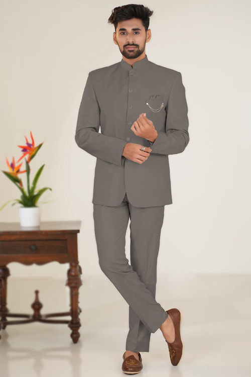 Grey Silk Plain Jodhpuri Style Men's Coat Pant