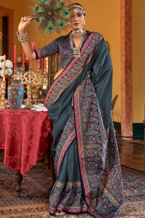 Grey Soft Silk Printed Saree for Diwali &amp; Wedding Wear